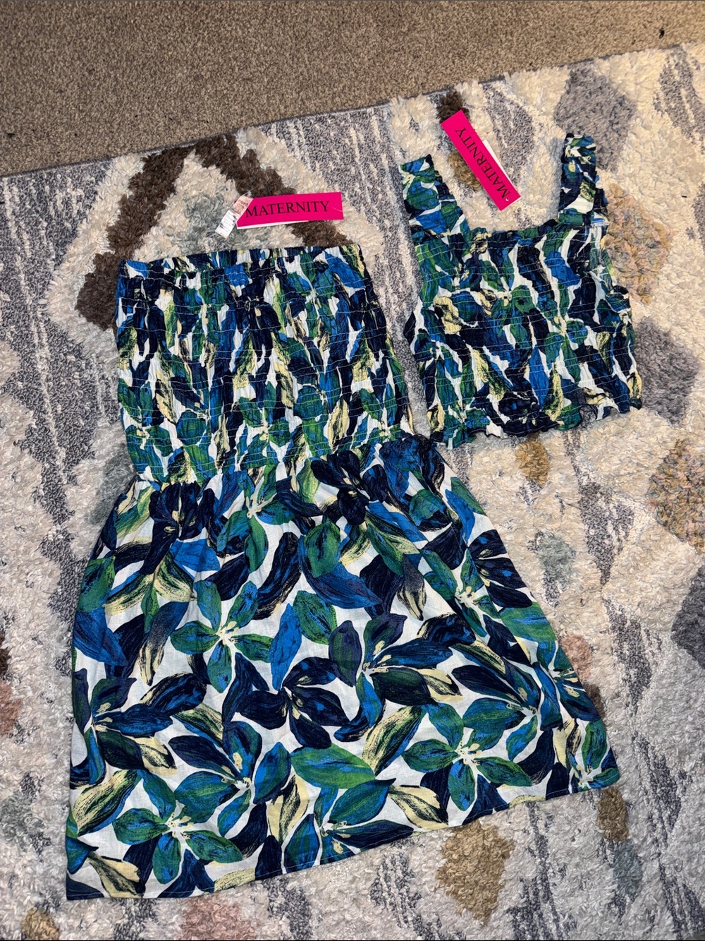 Times Two Blue & Gre Leaf Print Maternity Dress/Skirt with Tank Top